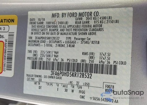 2019 Ford Fusion Se z USA, uszkodzony, nr VIN 3FA6P0HD5KR128532